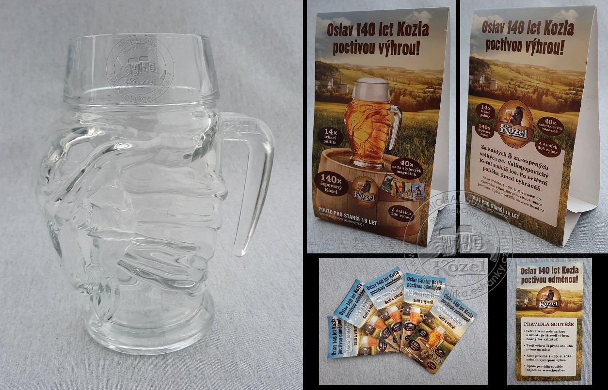S02325 0,5L Výherní půllitr ke 140. výročí Kozla, reklama na soutěž, všechny stírací losy